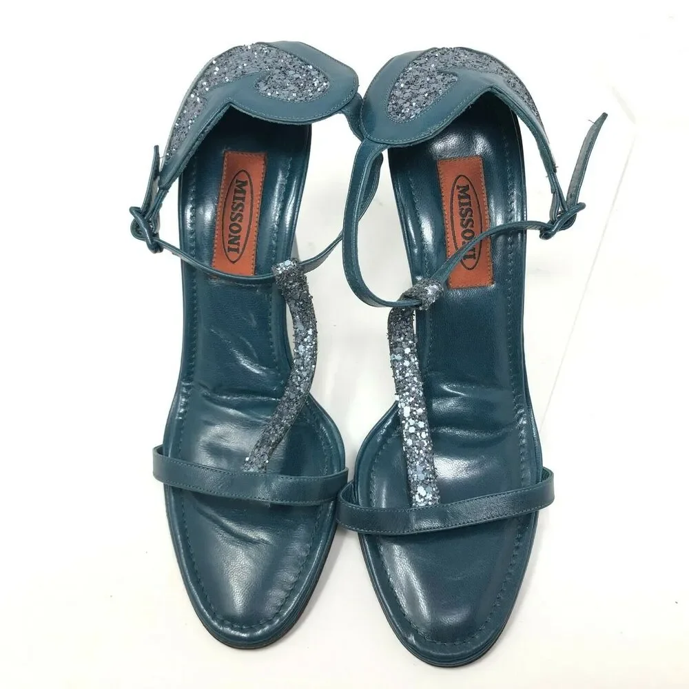 Missoni‎ Heels Women's 8.5 / 38.5 Glittler Heart Pump Teal Green Leather T-Strap